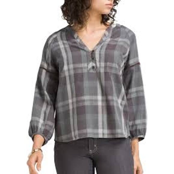 PrAna Elena Top Shirt Womens Size 1X Plus Gravel Gray Plaid - Picture 1 of 11